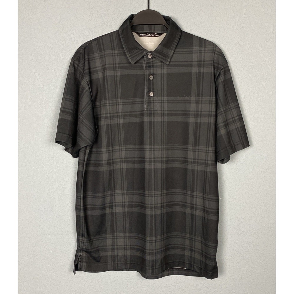 Travis‎ Mathew Polo Mens M Golf Shirt Black Gray Plaid Check Stretch Logo